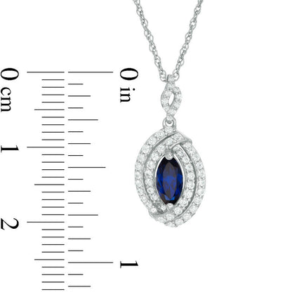 Marquise Lab-Created Blue and White Sapphire Double Swirl Frame Drop Pendant in Sterling Silver