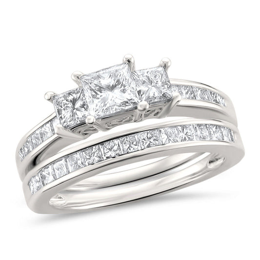 2 CT. T.W. Princess-Cut Diamond Three Stone Bridal Engagement Ring Set in Platinum (I/SI2)