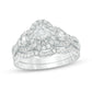 1.15CT. T.W. Diamond Three Stone Oval Frame Twist Halo Bridal Engagement Ring Set in 14K White Gold