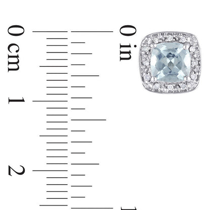 6.0mm Cushion-Cut Aquamarine and 0.1 CT. T.W. Diamond Frame Stud Earrings in 10K White Gold