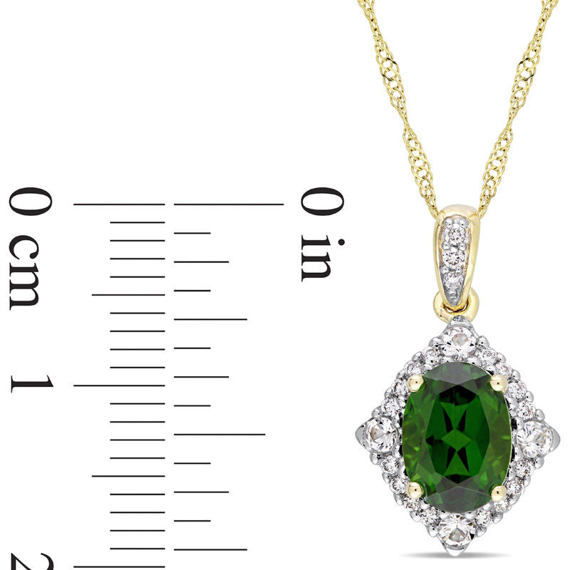 Oval Chrome Diopside, White Sapphire and 0.1 CT. T.W. Natural Diamond Frame Pendant in 14K Gold - 17"