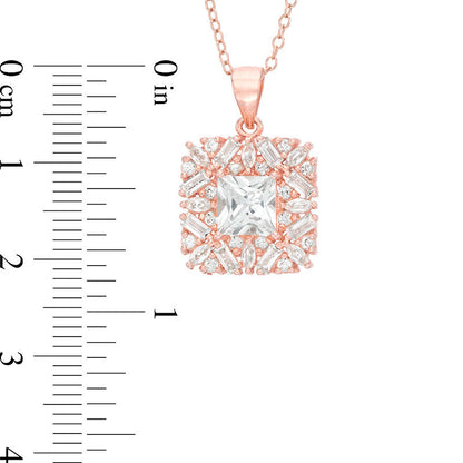 6.0mm Princess-Cut Lab-Created White Sapphire Cluster Frame Pendant in Sterling Silver with 14K Rose Gold Plate