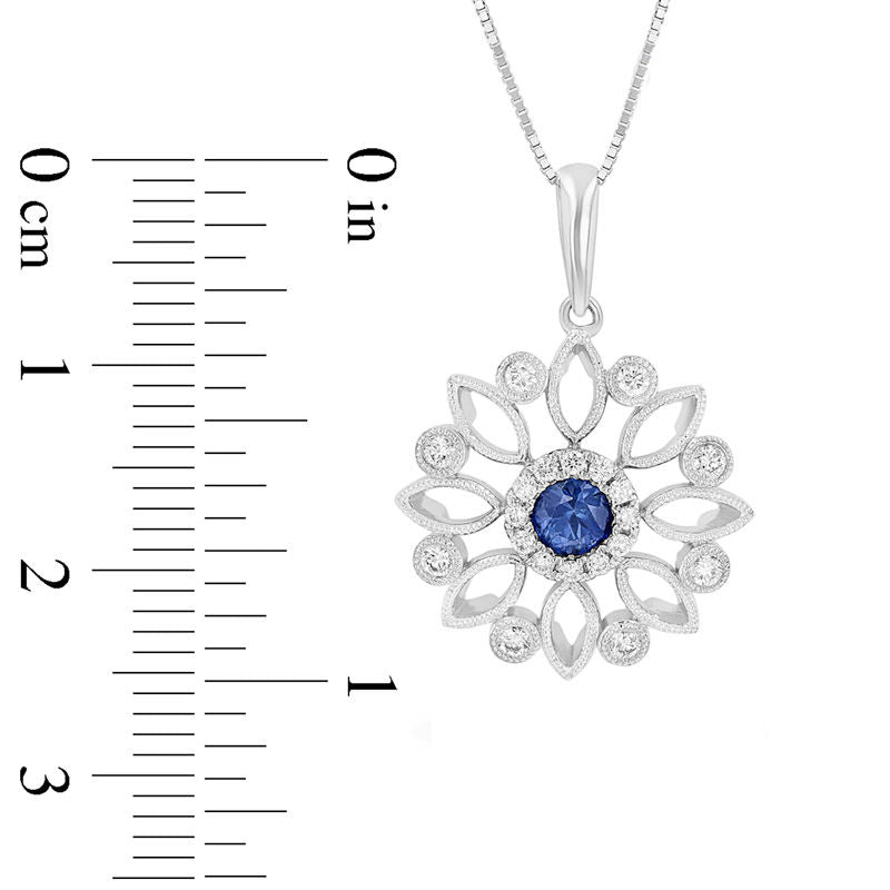4.0mm Blue Sapphire and 0.2 CT. T.W. Natural Diamond Antique Vintage-Style Flower Pendant in 14K White Gold