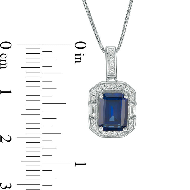 Emerald-Cut Lab-Created Blue and White Sapphire Frame Pendant in Sterling Silver