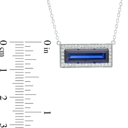 Sideways Baguette Lab-Created Blue and White Sapphire Frame Bar Necklace in Sterling Silver