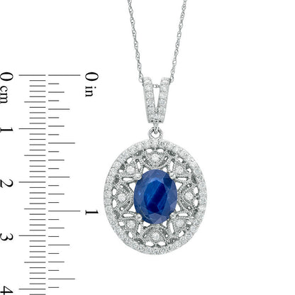 Oval Blue Sapphire and 0.63 CT. T.W. Natural Diamond Art Deco Frame Pendant in 14K White Gold