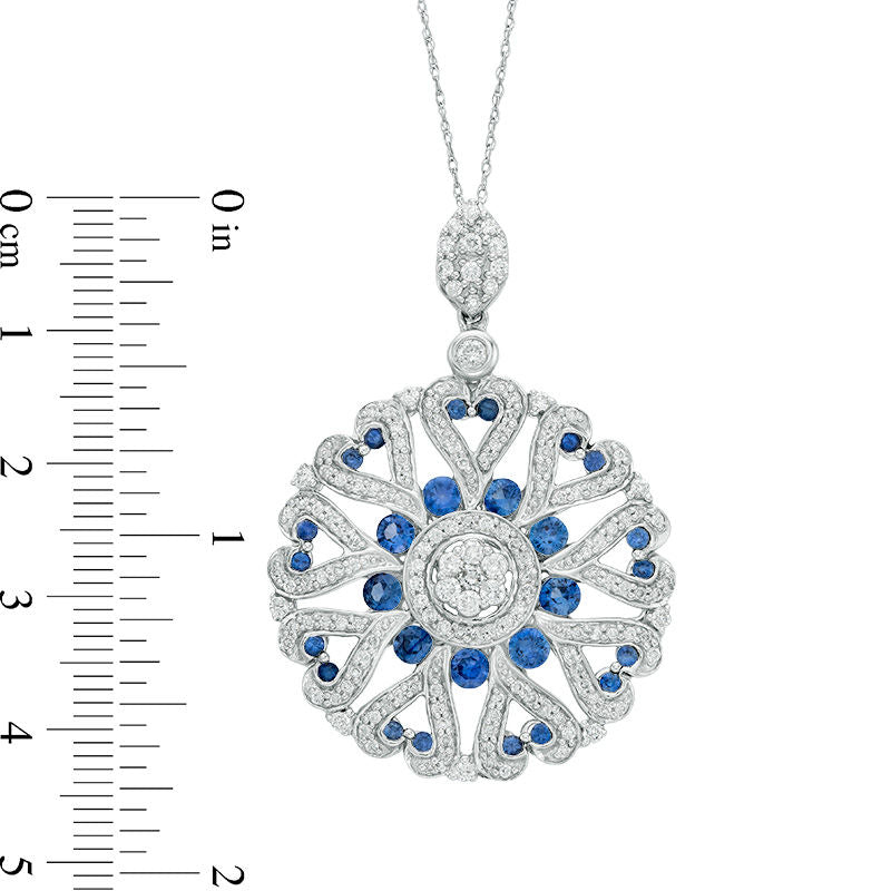 Blue Sapphire and 1 CT. T.W. Natural Diamond Heart Medallion Pendant in 14K White Gold