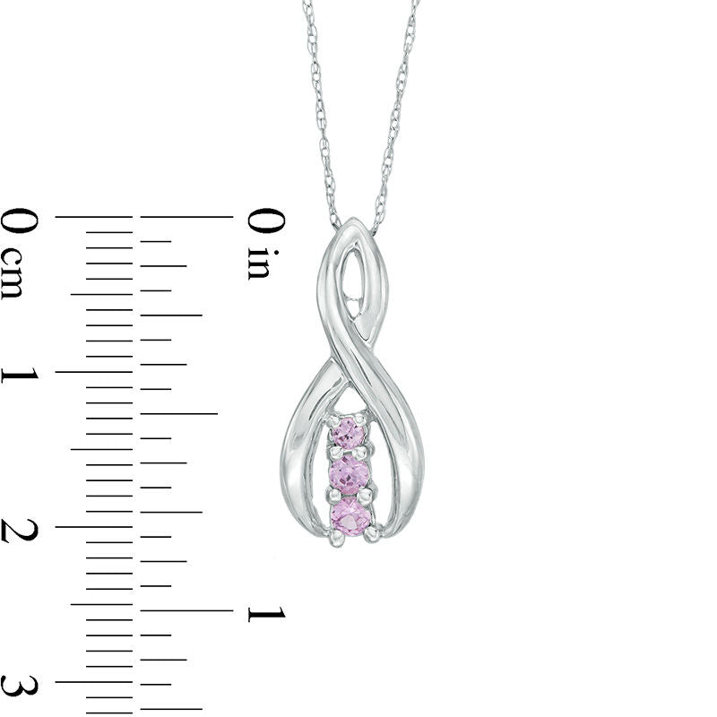Lab-Created Pink Sapphire Three Stone Infinity Ribbon Pendant in 10K White Gold