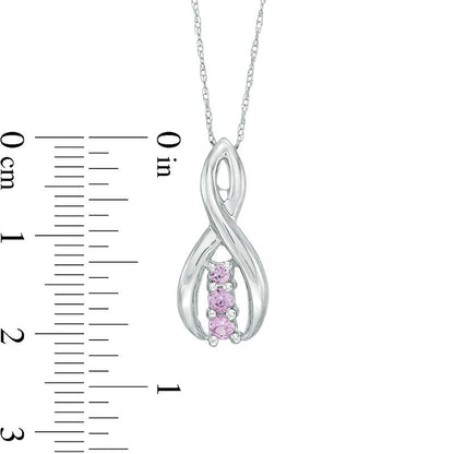 Lab-Created Pink Sapphire Three Stone Infinity Ribbon Pendant in 10K White Gold