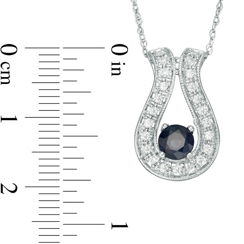 5.0mm Blue Sapphire and 0.25 CT. T.W. Natural Diamond Antique Vintage-Style Horseshoe Pendant in 10K White Gold
