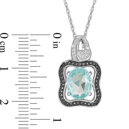 Oval Blue Topaz and Enhanced Black and White Natural Diamond Accent Bead Frame Art Deco Pendant in Sterling Silver