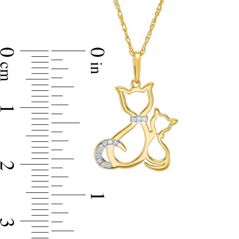 Natural Diamond Accent Laser-Cut Cat and Kitten Pendant in 10K Yellow Gold