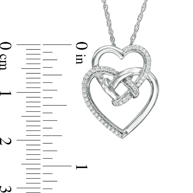 0.1 CT. T.W. Natural Diamond Love Knot Double Tilted Heart Pendant in Sterling Silver