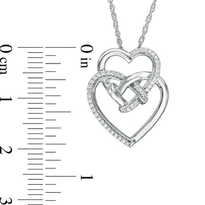 0.1 CT. T.W. Natural Diamond Love Knot Double Tilted Heart Pendant in Sterling Silver