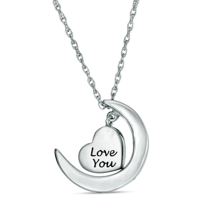 0.07 CT. T.W. Natural Diamond Crescent Moon and Heart Dangle "Love" Message Pendant in Sterling Silver and 10K Yellow Gold