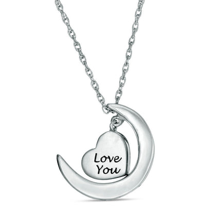 0.07 CT. T.W. Natural Diamond Crescent Moon and Heart Dangle "Love" Message Pendant in Sterling Silver and 10K Yellow Gold