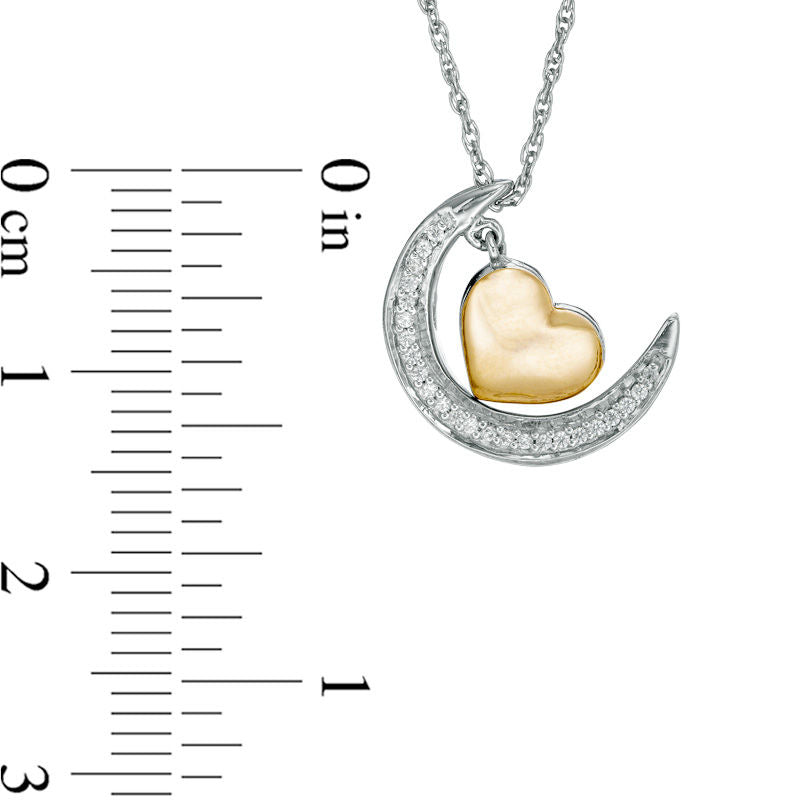 0.07 CT. T.W. Natural Diamond Crescent Moon and Heart Dangle "Love" Message Pendant in Sterling Silver and 10K Yellow Gold