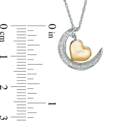 0.07 CT. T.W. Natural Diamond Crescent Moon and Heart Dangle "Love" Message Pendant in Sterling Silver and 10K Yellow Gold
