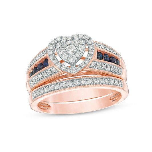 3/8 CT. T.W. Composite Diamond and Blue Sapphire Heart Frame Multi-Row Vintage-Style Bridal Engagement Ring Set in 14K Rose Gold