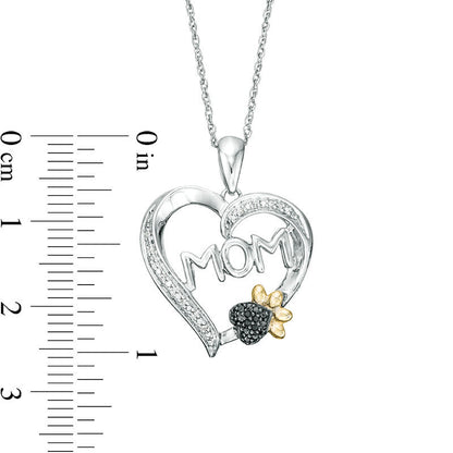 0.05 CT. T.W. Enhanced Black and White Natural Diamond "MOM" with Paw Print Heart Pendant in Sterling Silver and 10K Yellow Gold