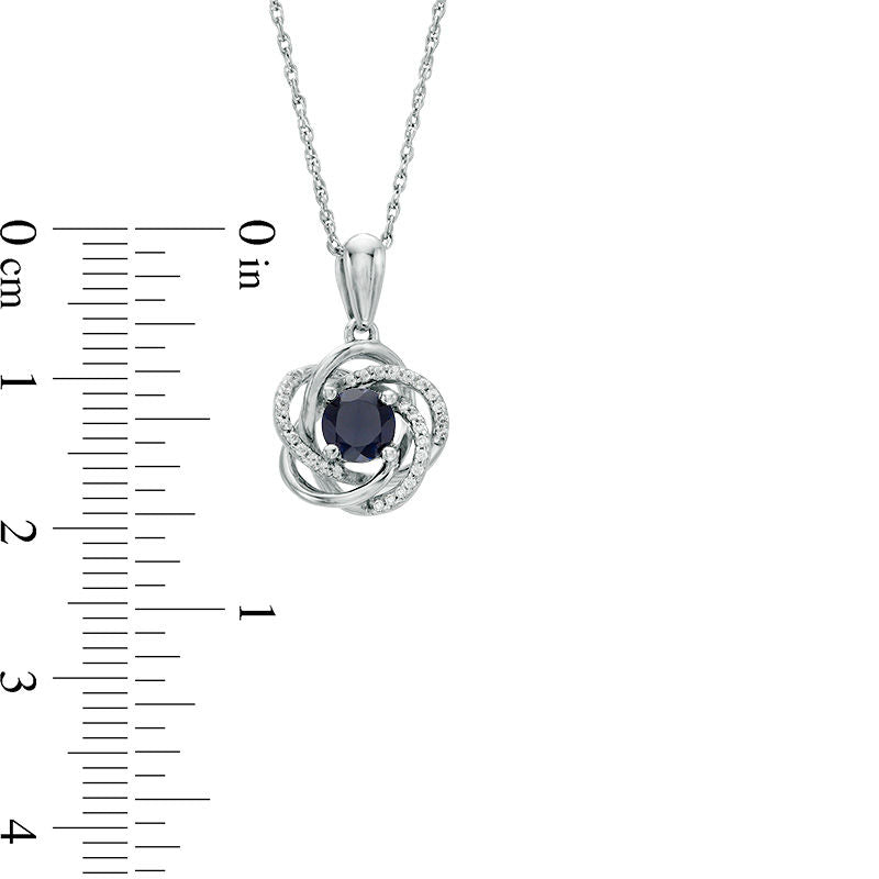 5.0mm Lab-Created Blue Sapphire and 0.1 CT. T.W. Diamond Floral Love Knot Pendant in 10K White Gold