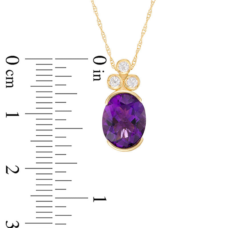 Oval Amethyst and 0.1 CT. T.W. Natural Diamond Tri-Top Pendant in 10K Yellow Gold