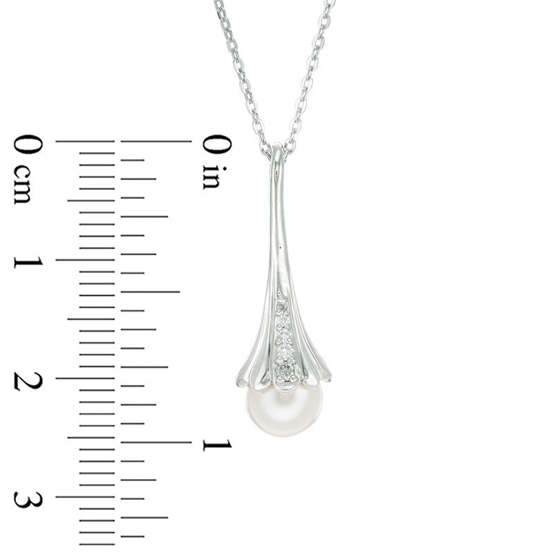 7.0mm Cultured Freshwater Pearl and Natural Diamond Accent Flower Drop Pendant in Sterling Silver
