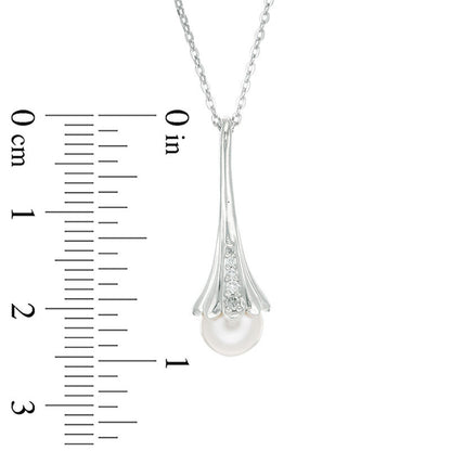 7.0mm Cultured Freshwater Pearl and Natural Diamond Accent Flower Drop Pendant in Sterling Silver