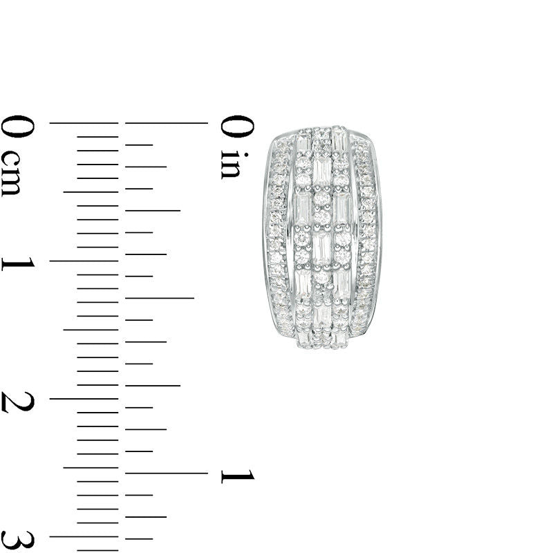 1 CT. T.W. Baguette and Round Diamond Alternating Multi-Row Hoop Earrings in 10K White Gold