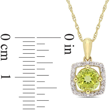 6.0mm Peridot and 0.1 CT. T.W. Natural Diamond Cushion Frame Pendant in 10K Yellow Gold - 17"