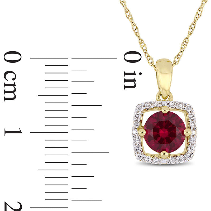 6.0mm Lab-Created Ruby and 0.1 CT. T.W. Diamond Cushion Frame Pendant in 10K Yellow Gold - 17"