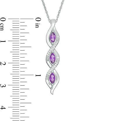 Marquise Amethyst and 0.05 CT. T.W. Natural Diamond Cascading Frame Triple Drop Pendant in Sterling Silver
