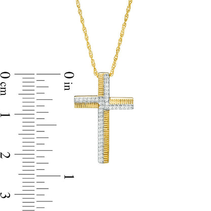 0.13 CT. T.W. Natural Diamond and Textured Cross Pendant in Sterling Silver with 14K Gold Plate