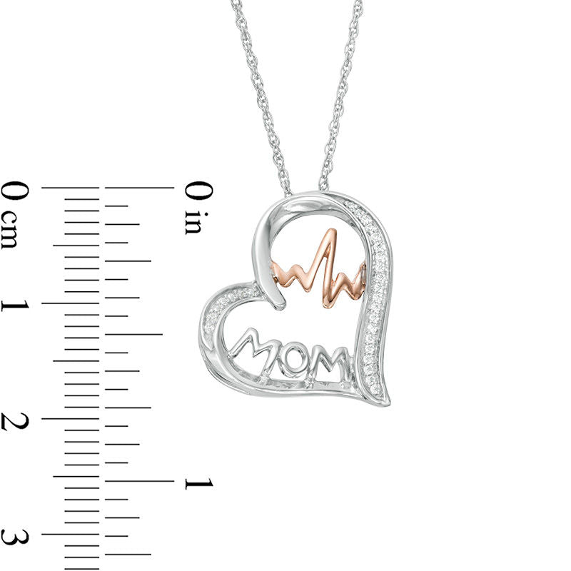 0.07 CT. T.W. Natural Diamond "MOM" and Heartbeat in Tilted Heart Pendant in Sterling Silver and 10K Rose Gold