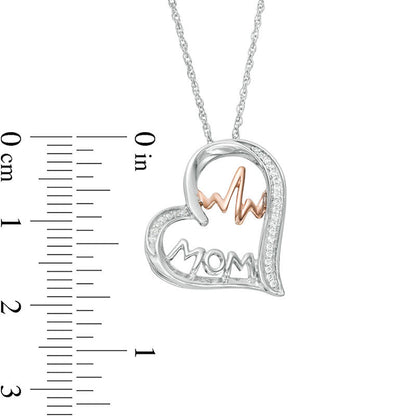 0.07 CT. T.W. Natural Diamond "MOM" and Heartbeat in Tilted Heart Pendant in Sterling Silver and 10K Rose Gold