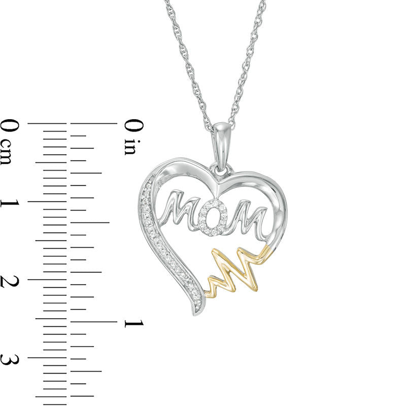 0.07 CT. T.W. Natural Diamond "MOM" Heartbeat on Heart Pendant in Sterling Silver and 10K Yellow Gold