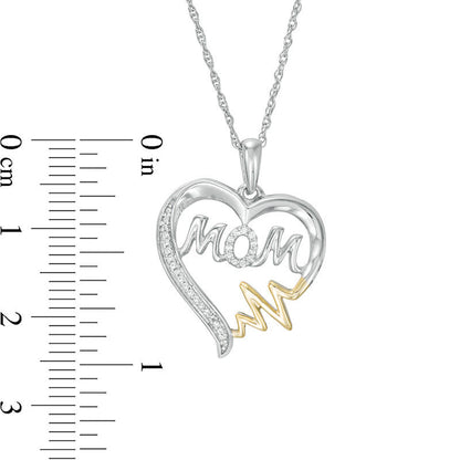 0.07 CT. T.W. Natural Diamond "MOM" Heartbeat on Heart Pendant in Sterling Silver and 10K Yellow Gold