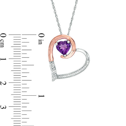 6.0mm Amethyst and 0.05 CT. T.W. Natural Diamond Tilted Loop Heart Pendant in Sterling Silver and 10K Rose Gold