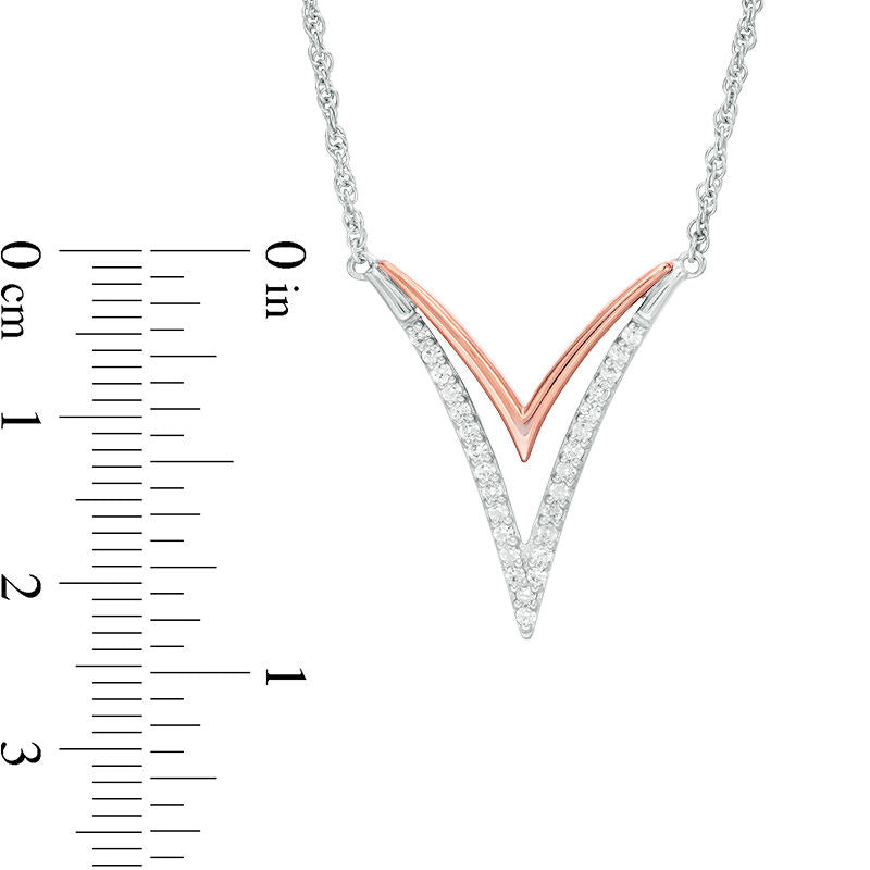 Lab-Created White Sapphire Double "V" Necklace in Sterling Silver and 10K Rose Gold