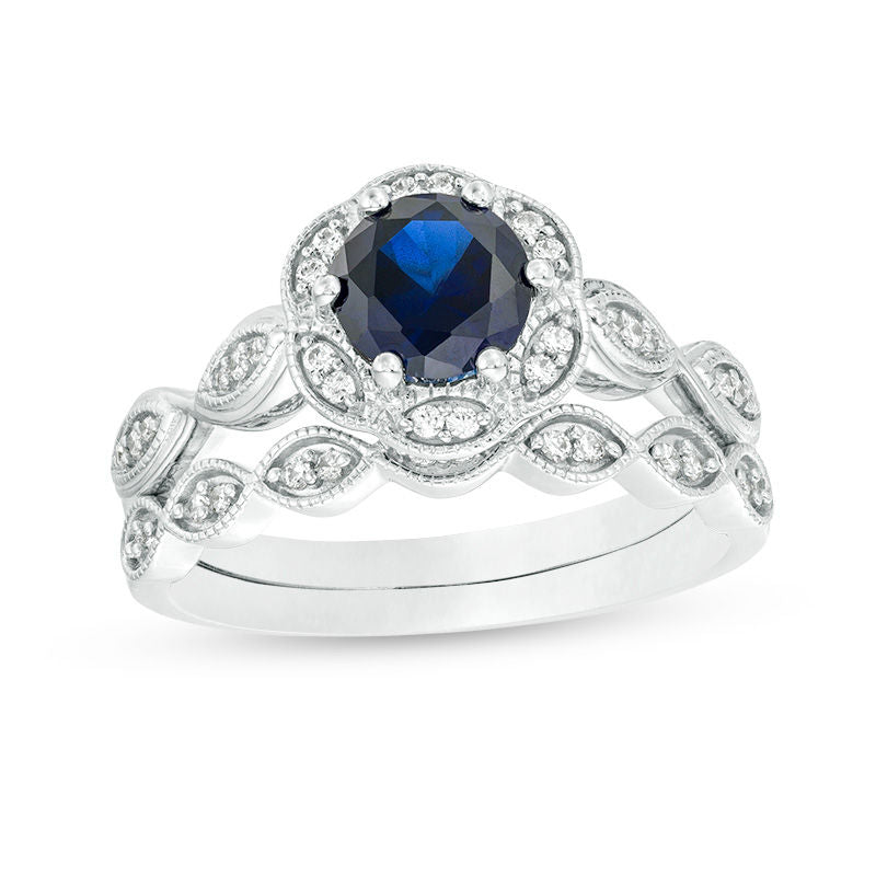 6.0mm Lab-Created Blue Sapphire and 1/5 CT. T.W. Diamond Frame Bridal Engagement Ring Set in 14K White Gold