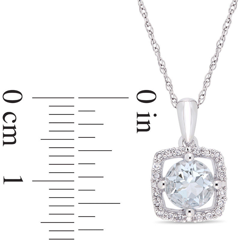 6.0mm Aquamarine and 0.1 CT. T.W. Natural Diamond Cushion Frame Pendant in 10K White Gold - 17"