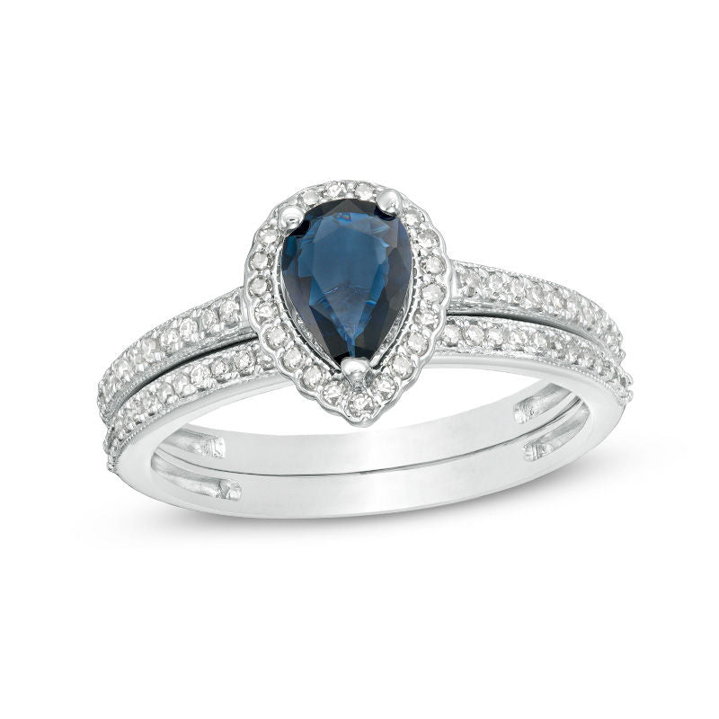 Pear-Shaped Blue Sapphire and 1/4 CT. T.W. Diamond Scallop Frame Bridal Engagement Ring Set in 14K White Gold