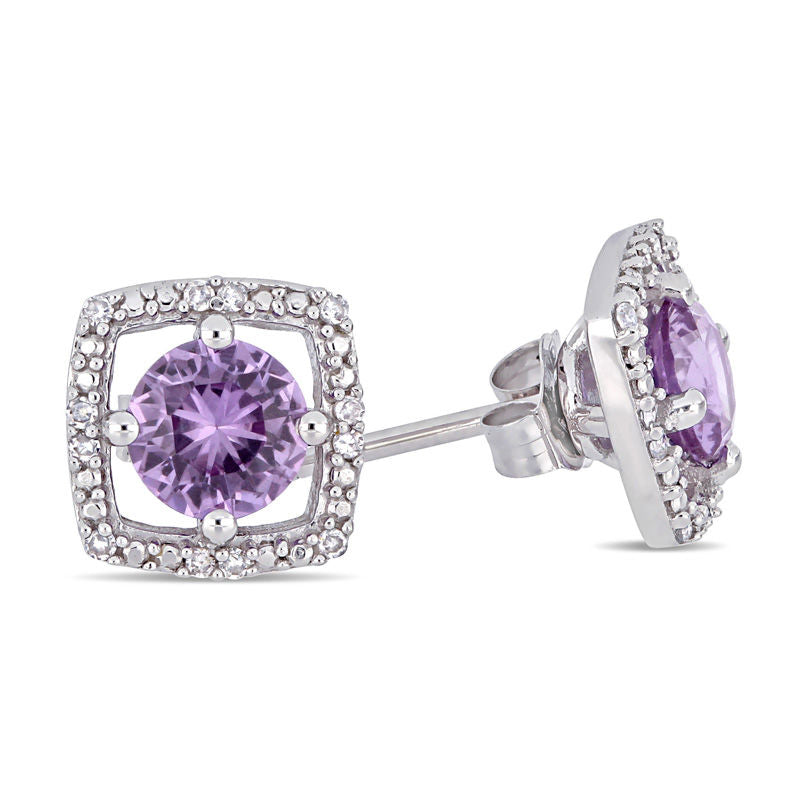 5.0mm Lab-Created Alexandrite and 0.07 CT. T.W. Diamond Cushion Frame Stud Earrings in 10K White Gold