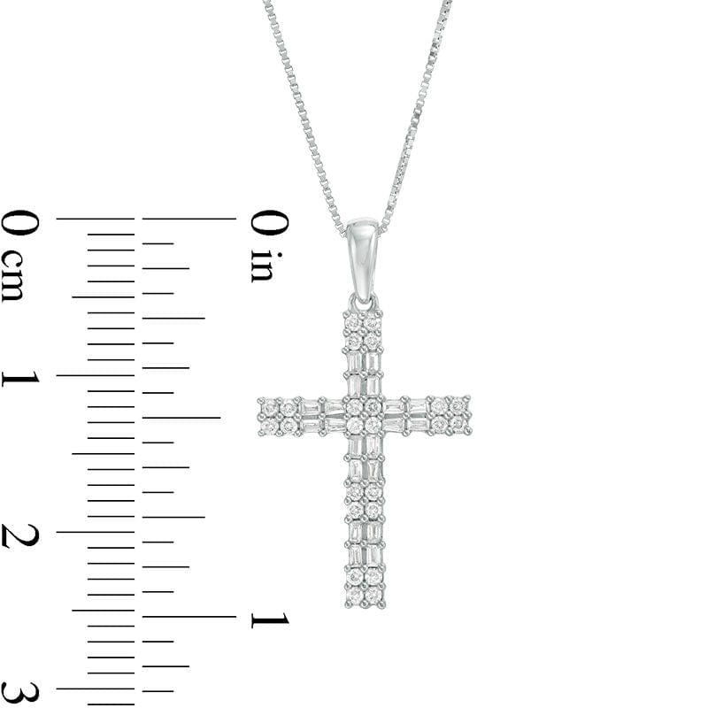 0.25 CT. T.W. Baguette and Round Natural Diamond Double Row Cross Pendant in 10K White Gold