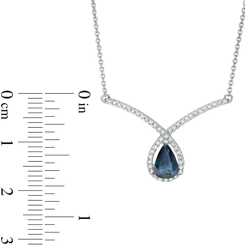 Pear-Shaped Blue Sapphire and 0.2 CT. T.W. Natural Diamond Chevron Loop Necklace in 10K White Gold