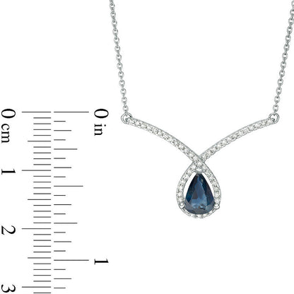 Pear-Shaped Blue Sapphire and 0.2 CT. T.W. Natural Diamond Chevron Loop Necklace in 10K White Gold