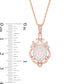 Oval Lab-Created Opal and White Sapphire Ornate Scroll Frame Drop Pendant in Sterling Silver with 14K Rose Gold Plate