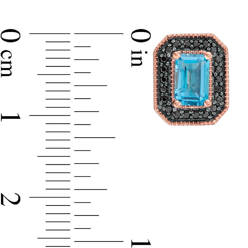 Emerald-Cut Blue Topaz and 0.25 CT. T.W. Enhanced Black Diamond Frame Vintage-Style Stud Earrings in 10K Rose Gold