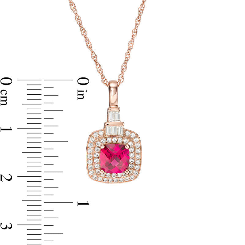 6.0mm Cushion-Cut Lab-Created Ruby and White Sapphire Double Frame Pendant in Sterling Silver with 14K Rose Gold Plate