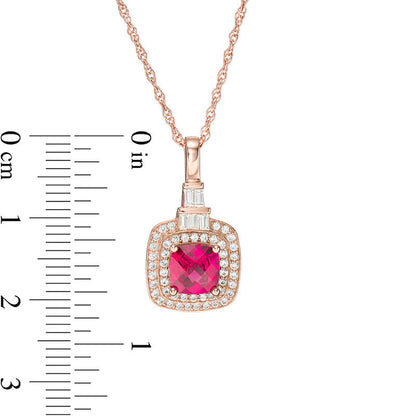 6.0mm Cushion-Cut Lab-Created Ruby and White Sapphire Double Frame Pendant in Sterling Silver with 14K Rose Gold Plate